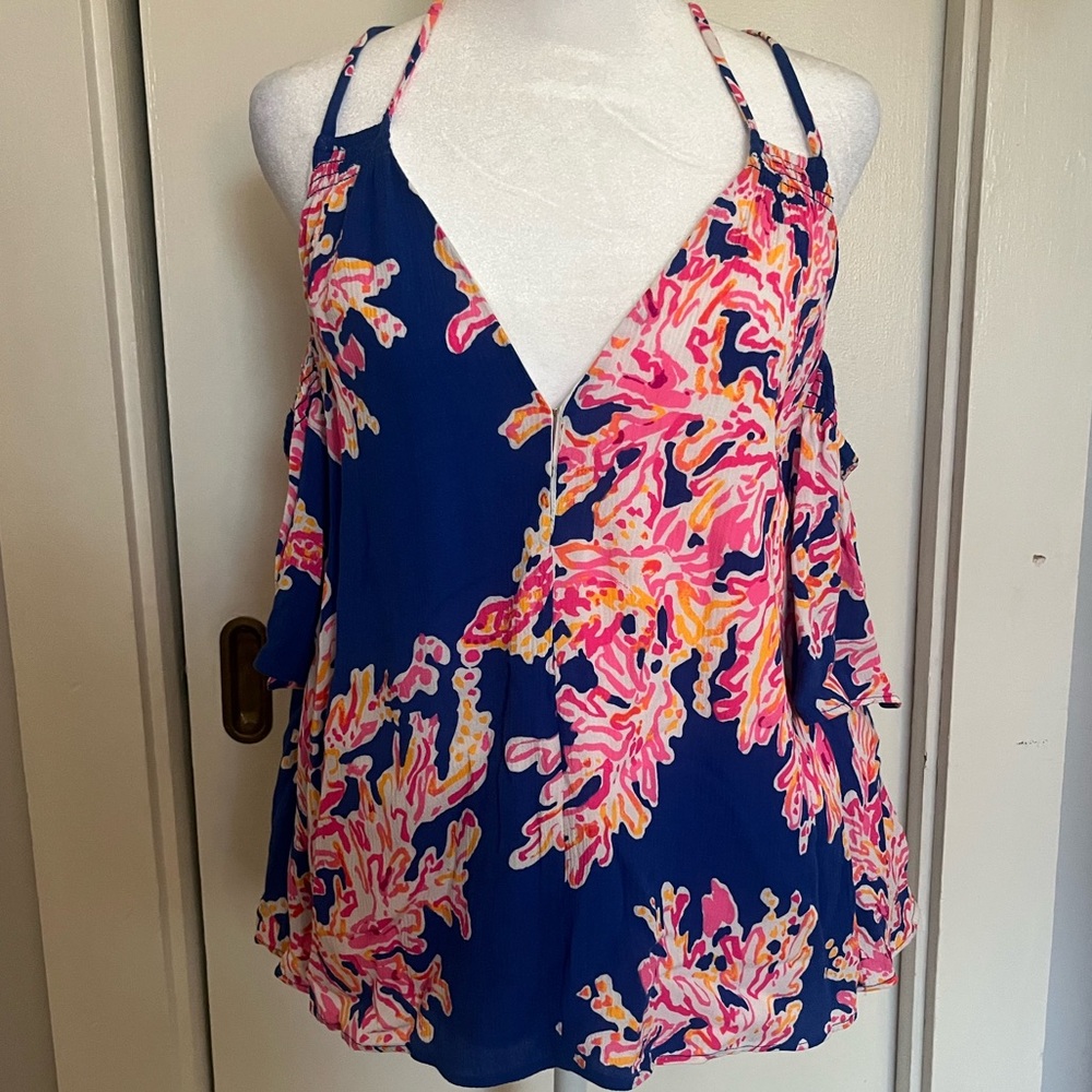Lilly Pulitzer Blue and Pink Coral Print Cold Shoulder Top